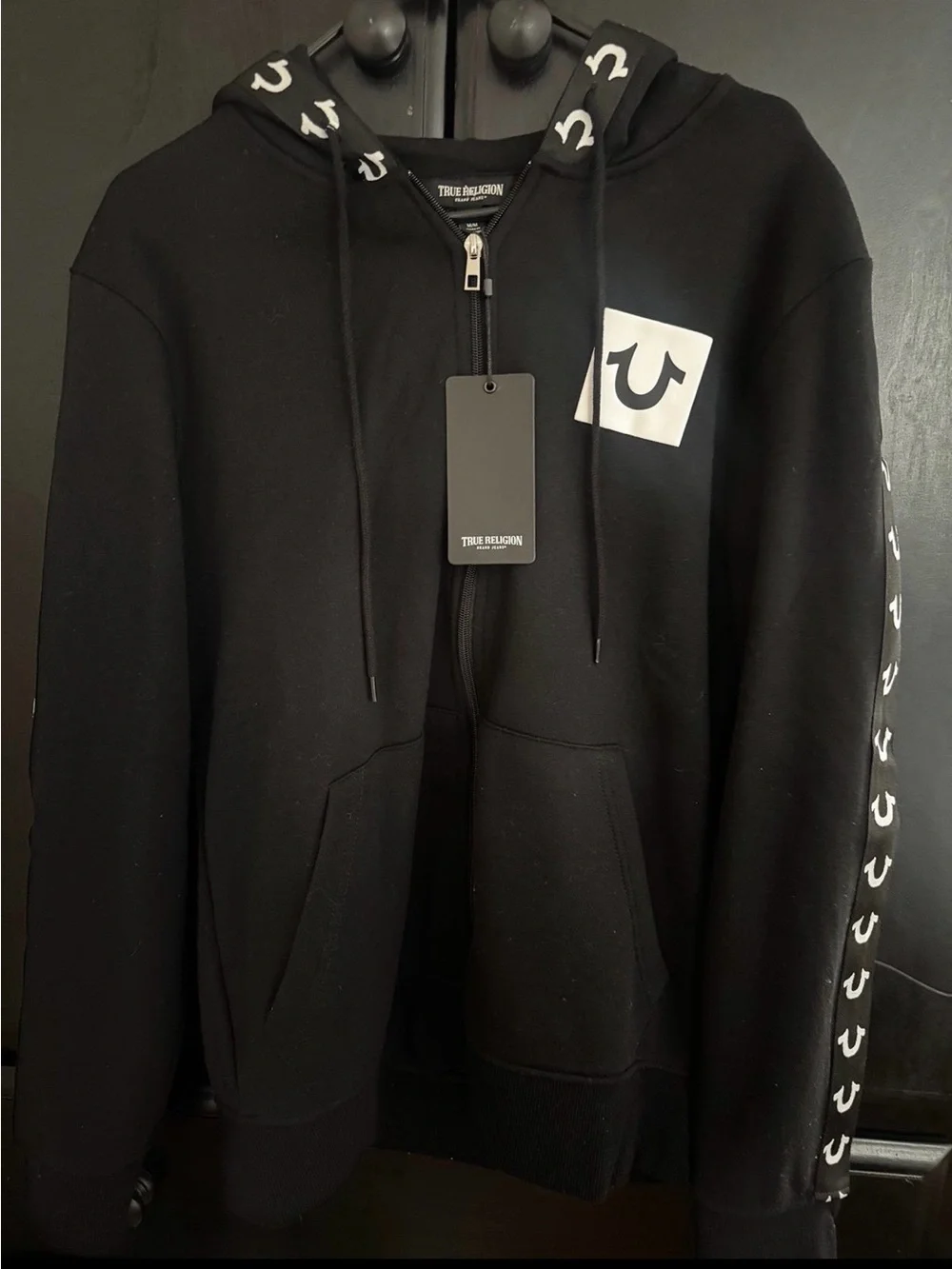 True Religion Black Hoodie with White Horseshoe Accent